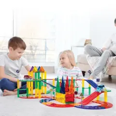PICASSO-TILES Race Track Magnetic Tiles for Kids, 80PCS with 2 Racing Cars, Construction STEM Building Blocks Educational Toy