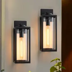 C Cattleya 2 Pack Matte Black Outdoor Wall Light with Cylinder Clear Glass Shade