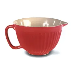 Omniware Simsbury Batter Bowl - 2 Quart Stoneware Mixing Bowl with Handle & Pour Spout - Microwave, Oven, Freezer, Dishwasher Safe - (Red)