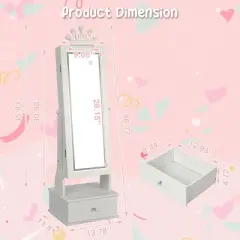 Garvee Kids Jewelry Armoire with Full-Length Mirror, Child Jewelry Cabinet with Led Light, 3 Storage Drawers,White