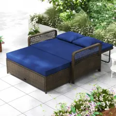 Tangkula Patio Adjustable Wicker Daybed Rattan Loveseat & Storage Ottoman w/ 4-Level Backrest & Soft Cushions Space-Saving 2-Person for Backyard Navy
