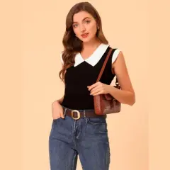 Allegra K Women's Contrast Flat Collar Stretchy Cap Sleeve Casual Blouse