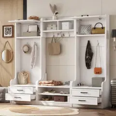 TIRAMISUBEST 4-in-1 Detachable Hall Tree with Storage and 7 Hooks - White Entryway Organizer with Storage