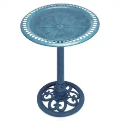 Alpine Corporation 28" Polyresin Pedestal Bird Bath With Scrollwork Base & Ground Stakes Blue