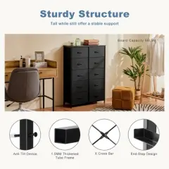 FURNIinspire Dressers 10 Drawer Fabric Tall Dresser Tower Closet Storage Chest of Drawers for Bedroom Nursery, Black, 11.8"*31"*45.6"