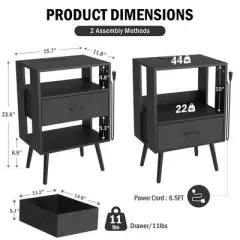 NicBex Bedside Table Set of 2,Modern Nightstand with Charging Station,Side Table with LED Lights&USB Outlets,Night Stand with Drawers for Bedroom
