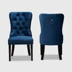 2pc Remy Velvet Upholstered Wood Dining Chair Set Blue/Espresso - Baxton Studio: Oak Frame, Soft Touch