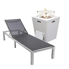 LeisureMod Marlin Modern Outdoor Patio Chaise Lounge Chair in White Aluminum Frame with Square Fire Pit Side Table