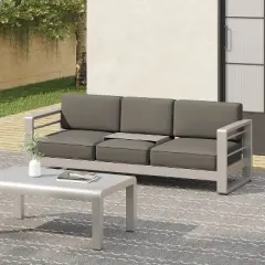 GDFStudio William Outdoor Aluminum 3 Seater Loveseat Sofa with Tray, Silver/Light Gray