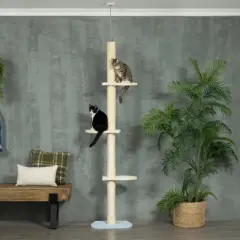 Multipet 4-Tier Tall Cat Tower, Floor to Ceiling Cat Tree, Height Adjustable 87 - 103 Inch with Plush Platforms, Sisal Scratching Posts, Toy Ball