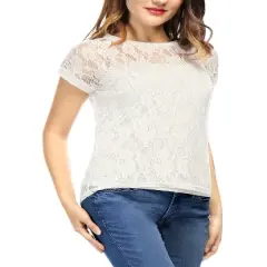 Allegra K Women Curved Hem Sheer Short Sleeves Floral Lace Blouse Top