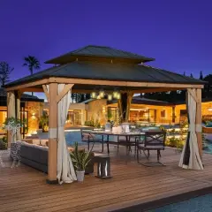 EROMMY 13' x 15' Cedar Wood Frame Gazebo, Outdoor Hardtop Gazebo with Metal Roof