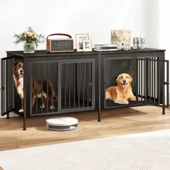 XBRIGH 78/63 Inch Dog Cage Furniture,  Double Doors Dog Kennel Furniture with Removable Divider, Thick Wooden Dog Crate Furniture for 2 Medium Dogs