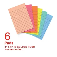 Staples Sticky Notes 4" x 6" Golden Hour Collection Lined 100 Sheets/Pad 6 Pads/Pack (ST62871)
