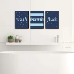 Big Dot of Happiness Boy - Blue and Navy - Kids Bathroom Rules Wall Art - 7.5 x 10 inches - Set of 3 Signs - Wash, Brush, Flush