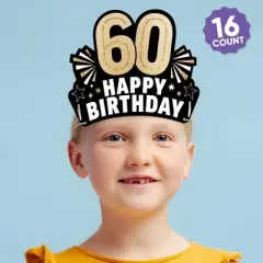 Big Dot of Happiness 60th Birthday Paper Crowns, Happy Birthday Party Headbands for Adults, DIY Black & Gold Milestone Party Hat Favors, 16 Count