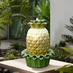 LuxenHome 17" Tabletop Ceramic Water Fountain, Pineapple Indoor and Outdoor Waterfall Fountains for Patio, Garden Decor Yellow