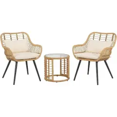 SUGOLD 3-Piece Patio Bistro Set, Wicker Outdoor Furniture with Cushioned Chairs & Round Glass Coffee Table