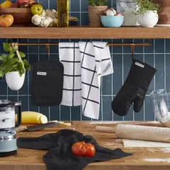 KITCHENAID Quilted Cotton Terry Cloth Oven Mitt, Pot Holder, Kitchen Towel 4-Pack Set, Silicone Grip, Matte Black, 16"x26", 7"x13" & 7"x10"
