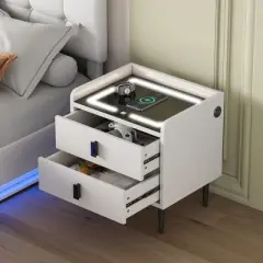 Modern Nightstand with Wireless Charging, USB Port and Adjustable LED Lights, End Table with 2 Drawers-ModernLuxe