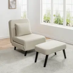 APRILSOUL 3-in-1 Foldable Linen Chaise Lounge，Adjustable Backrest, Footrest, Detachable Pillow&pound;&not;Sofa Bed for Small Spaces，Grey/Beige