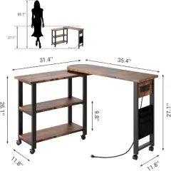 GustoWave 360&deg; Rotating Side Table with Charging Station and Extra Storage Pocket and 6 Swivel Casters with Brakes for Bedroom and Living Room