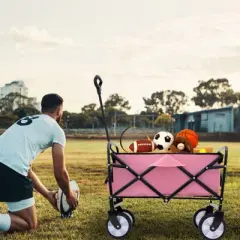 DSVIMOY Collapsible Foldable Wagon Cart with Strapping, Wagon Grocery Cart for Camping Shopping Sports, Pink, 25.98"*17.32"*37.4"