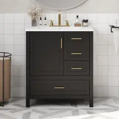 30 Inch Bathroom Vanities With Ceramic Sink Combo, Bathroom Sink Cabinet With 3 Drawers And 1 Door