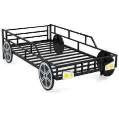Costway Twin Car-Shaped Metal Bed Frame with Wheels Decorations Safety Guardrails