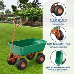 600LB Capacity All-Terrain Yard Wagon &ndash; Heavy Duty Utility Cart with Quick-Dump & Adjustable Handle, Perfect for Hauling Soil, Gardening Tools