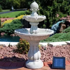 Sunnydaze Outdoor 2-Tier Solar Powered Water Fountain with Battery Backup and Submersible Pump - 35"