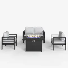 LayinSun Aluminum Furniture Set with Fire Pit Table, 4 Pieces Patio Sectional Conversation Chat Sofa Modern Seating Set