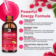 B Beworth Vitamin B12 Liquid Drops 10,000 mcg, Supports Immunity, Energy & Brain, Vegan, Gluten Free, Non-GMO, 2 fl.oz (Raspberry)