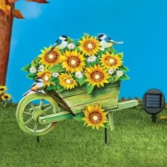 Collections Etc Solar Powered Sunflowers & Chickadees Cart Garden Stake