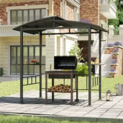 Costway 8' X 5' Hardtop Grill Gazebo with  Vented Polycarbonate Roof Side Shelves Hooks