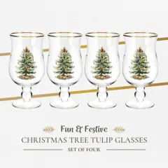 Spode Christmas Tree 17.5oz Tulip Glasses, Set of 4 - Gold-Rimmed Whimsical Holiday Glasses for Sparkling Wine and Champagne