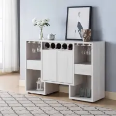 FC Design Modern 47.25"W Sideboard Buffet Table Wooden Bar Storage Cabinet with Wine Rack and Glass Holder in White Oak Finish
