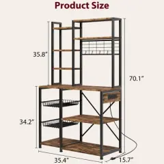 Bakers Rack with Power Outlet, 7-Tier Microwave Stand with Wire Basket, Coffee Bar with 4 s-Shaped Hooks