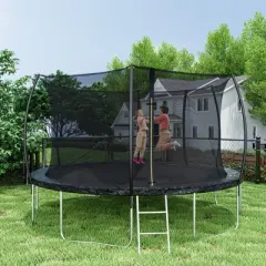 Aukfa 12FT Trampoline for Kids and Adults with Safety Enclosure Net, Double-Sided Color Pad, Curved Safety Poles