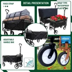 HTUTWOO Collapsible Wagon Cart, Beach Folding Utility Cart, Duty 360 lbs, Utility Wagon Grocery Cart, Equipped with 3pcs plastic Liner bag Black