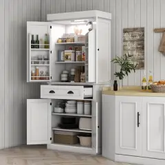 Yukimo 71" Tall Pantry Cabinet, LED-lit Kitchen Storage with Drawer, Adjustable Shelves, White