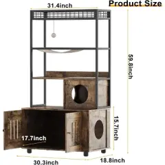 Acekool Metal Frame Cat Litter Box Enclosure with Storage Shelf and Play Features, Retro Brown