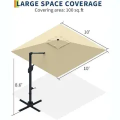 10FT Square Cantilever Patio Umbrella, 360&deg; Rotating Sun Shade with Locking Handle, Heavy-Duty Aluminum Frame for Deck & Balcony
