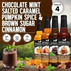 Syruvia Variety Pack - Chocolate Mint, Salted Caramel, Pumpkin Spice & Brown Sugar Cinnamon Syrup 25.4 Fl oz (4-Pack)