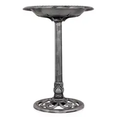Alpine Corporation 28" Polyresin Pedestal Bird Bath With Scrollwork Base & Ground Stakes Gray