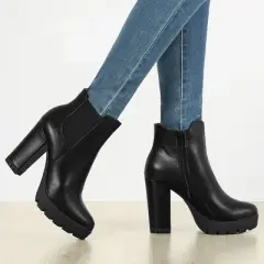 Allegra K Women's Round Toe Zipper Block Heel Platform Ankle Boots