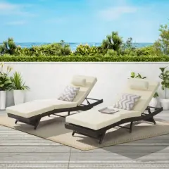 Outdoor Chaise Lounge Chair Set of 2, Wicker Reclining Lounge with Adjustable Backrest & Cushion, Sunbathing Chair for Patio Pool Garden