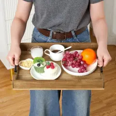 Acacia Serving Tray with Metal Handles, 17 in Wood Serving Tray for Coffee Bar, Serving Tray Toiletry Platter, Storage Tray for Kitchen Bedroom