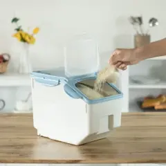 Basicwise Set of 2 White Plastic Storage Food Holder Containers, with a Measuring Cup and Wheels
