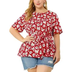 Agnes Orinda Women's Plus Size Ruffle Short Sleeve Chiffon Floral Blouse